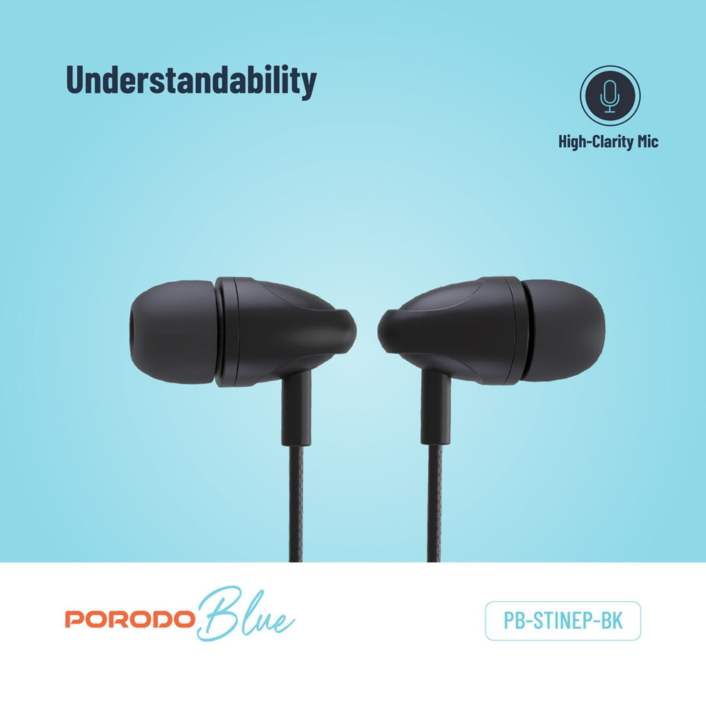 سماعات بورودو بلو ستيريو السلكية مع موصل AUX 3.5mm - اسود | Porodo Blue Stereo Wired Earphones with 3.5mm AUX Connector – Black