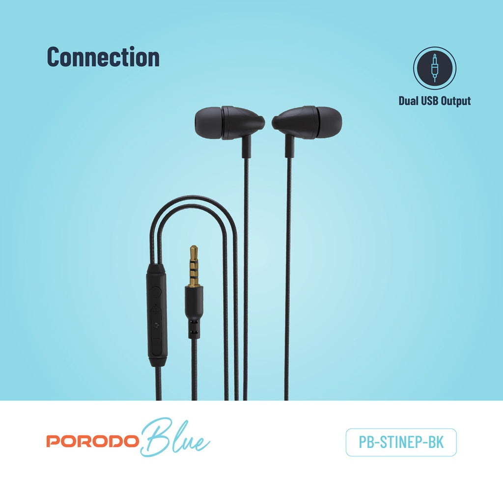 سماعات بورودو بلو ستيريو السلكية مع موصل AUX 3.5mm - اسود | Porodo Blue Stereo Wired Earphones with 3.5mm AUX Connector – Black
