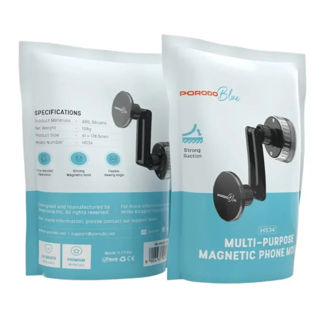 حامل جوال بورودو بلو بدوران 360 درجة وقابل للتمديد مع تثبيت قوي - اسود | Porodo Blue 360° Rotatable Extendable Vacuum Suction Phone Mount – Black