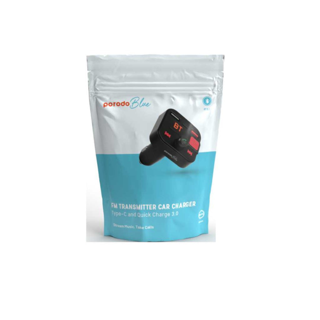 ناقل صوت لاسلكي من بورودو بلو مع منفذي شحن QC3.0 و يو اس بي سي - اسود | Porodo Blue Wireless FM Transmitter with Dual QC3.0 & Type-C Port – Black