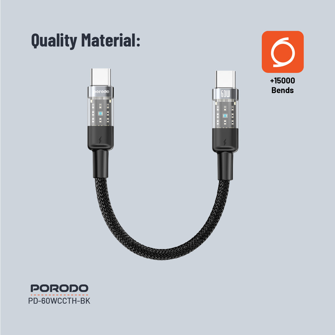 كيبل بورودو مضفر يو اس بي سي الى يو اس بي سي بطول 35 سم, شحن سريع 60 واط | Porodo Braided 60W PD C to C Fast Charging Cable with Transparent Head 35cm.