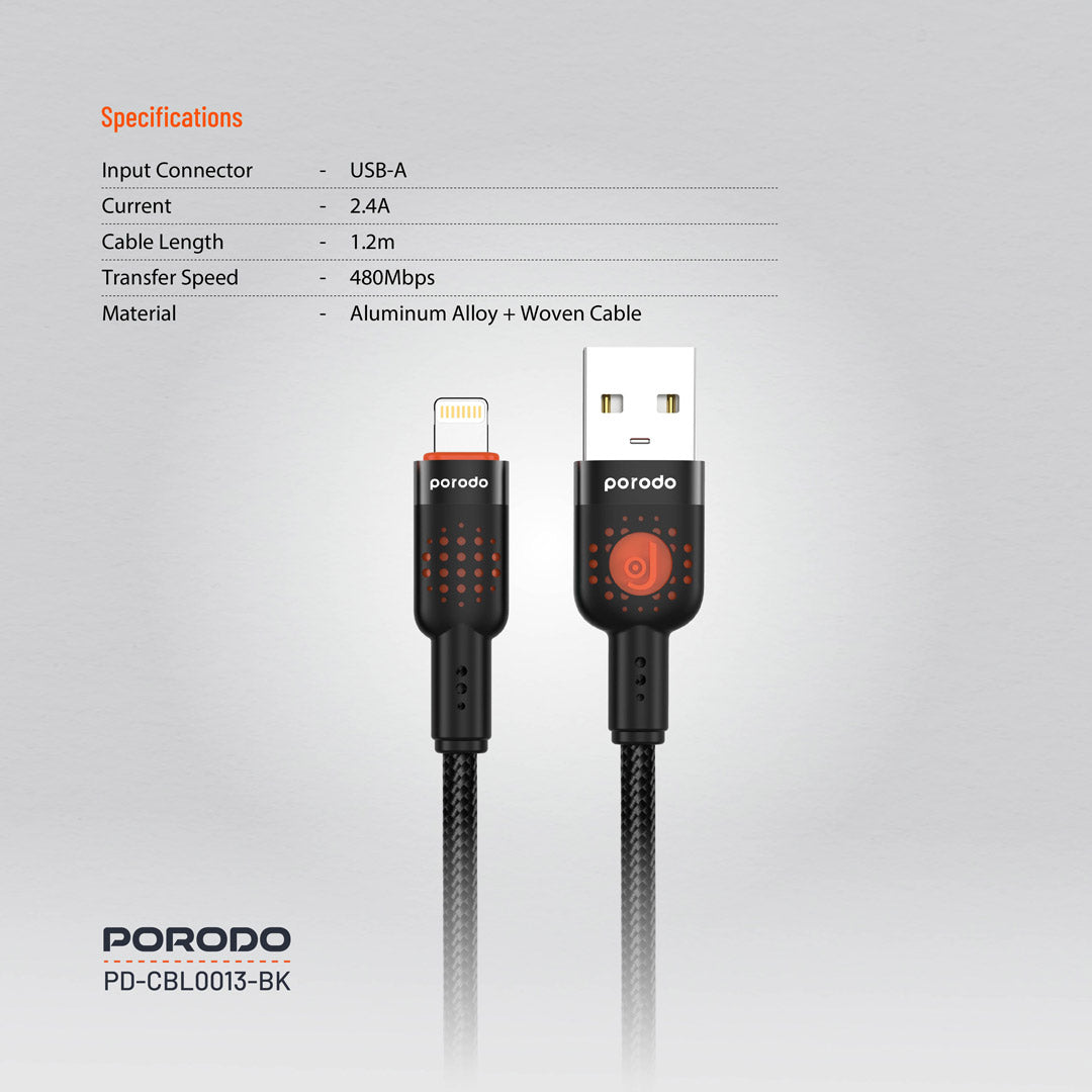 كيبل بورودو مضفر يو اس بي اي الى لايتننغ بطول 1.2 متر | Porodo Alum. Alloy Braided Cable USB to Lightning 1.2m
