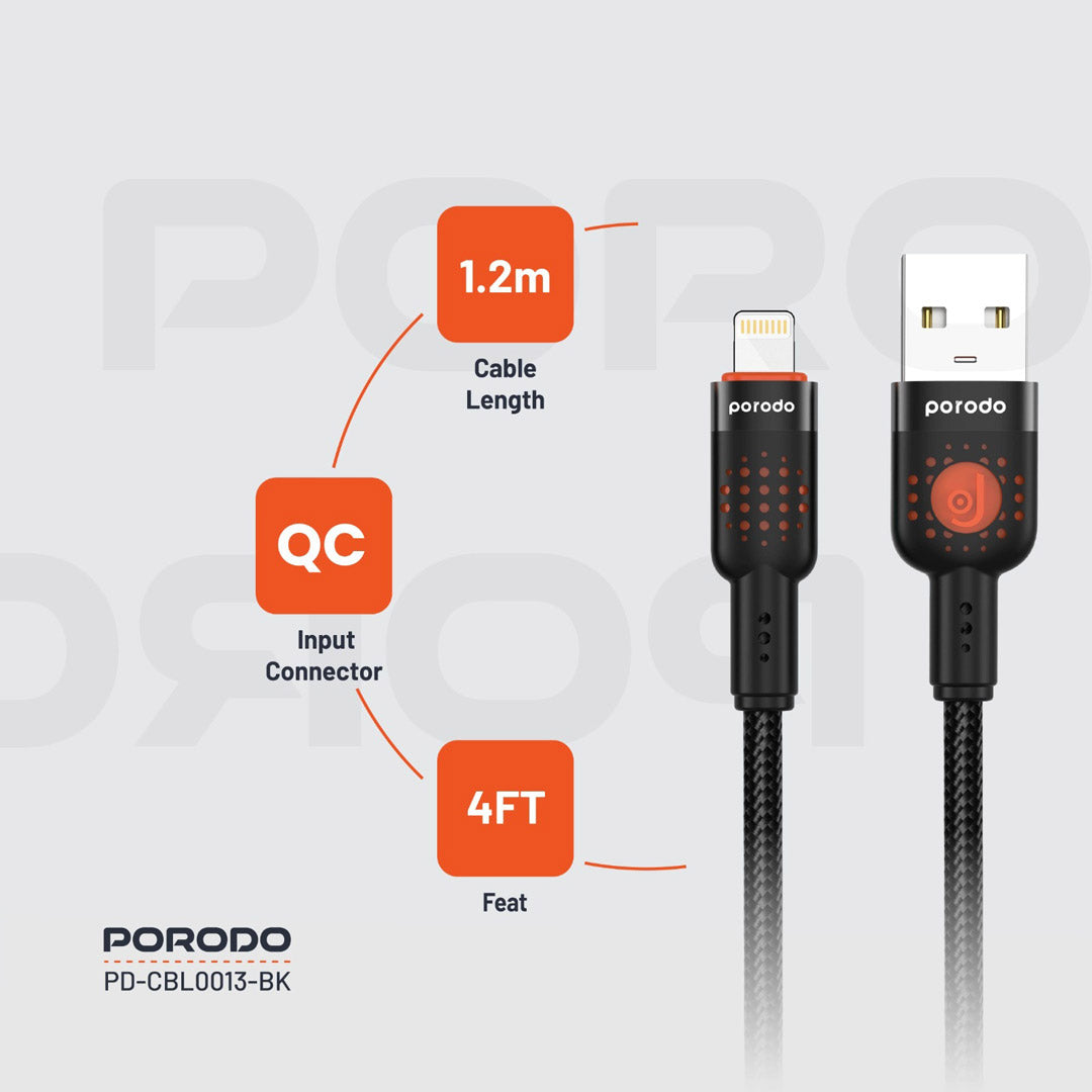 كيبل بورودو مضفر يو اس بي اي الى لايتننغ بطول 1.2 متر | Porodo Alum. Alloy Braided Cable USB to Lightning 1.2m