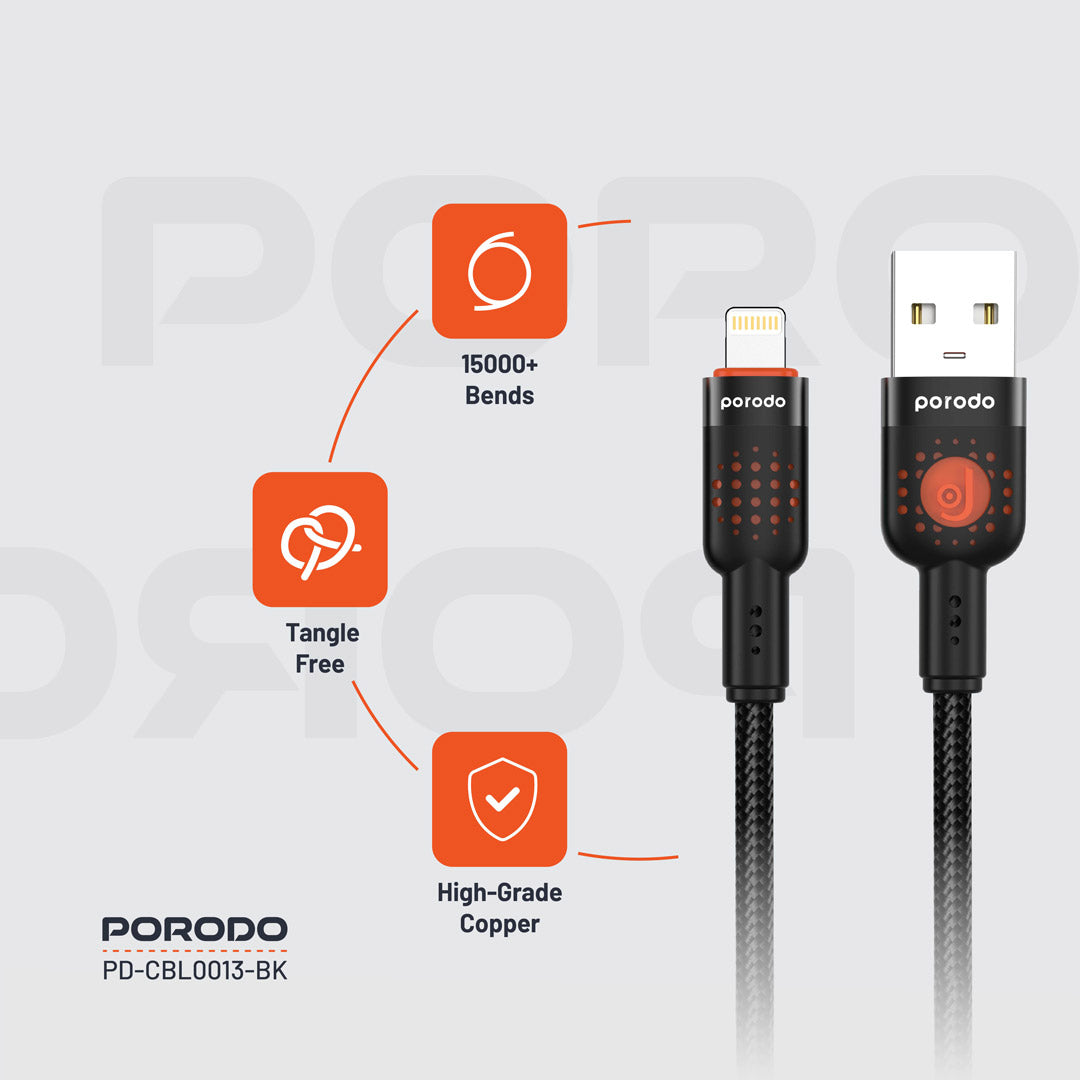 كيبل بورودو مضفر يو اس بي اي الى لايتننغ بطول 1.2 متر | Porodo Alum. Alloy Braided Cable USB to Lightning 1.2m