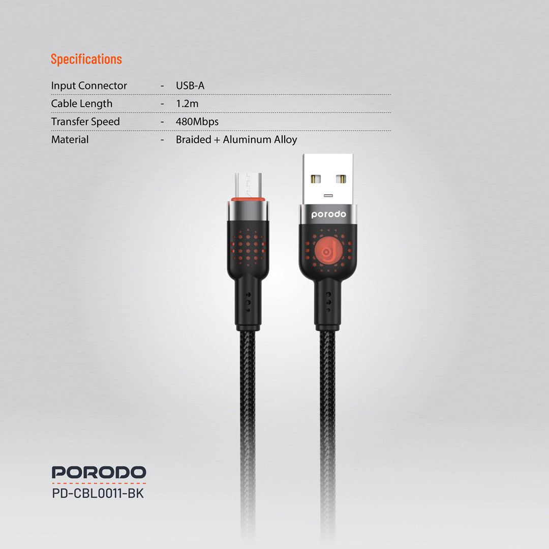 كيبل بورودو من يو اس بي اي الى مايكرو يو اس بي بطول 1.2 متر, يدعم شحن سريع | Porodo Aluminum Alloy Braided USB-A to Micro USB Cable 1.2M – Fast Charging & Data Sync