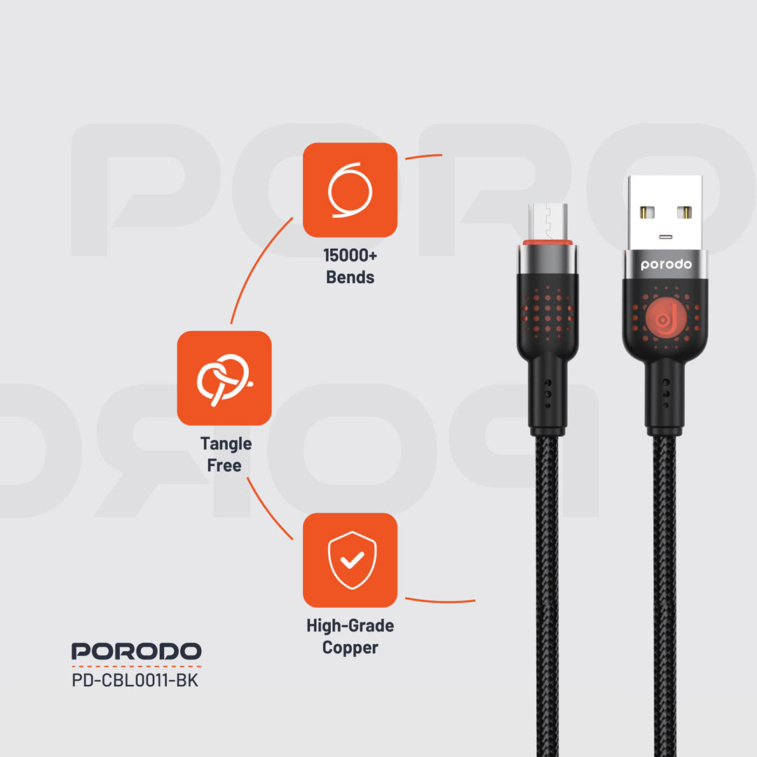 كيبل بورودو من يو اس بي اي الى مايكرو يو اس بي بطول 1.2 متر, يدعم شحن سريع | Porodo Aluminum Alloy Braided USB-A to Micro USB Cable 1.2M – Fast Charging & Data Sync