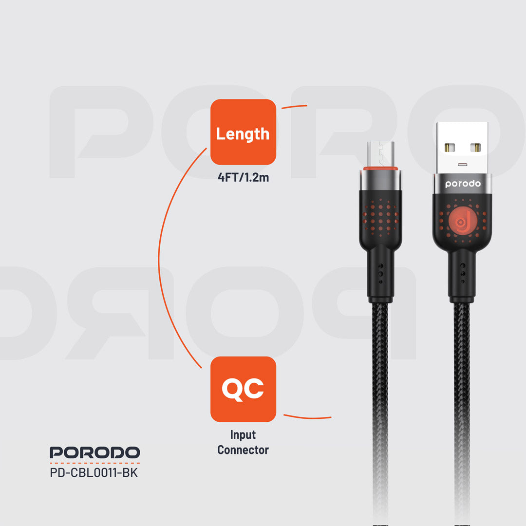 كيبل بورودو من يو اس بي اي الى مايكرو يو اس بي بطول 1.2 متر, يدعم شحن سريع | Porodo Aluminum Alloy Braided USB-A to Micro USB Cable 1.2M – Fast Charging & Data Sync