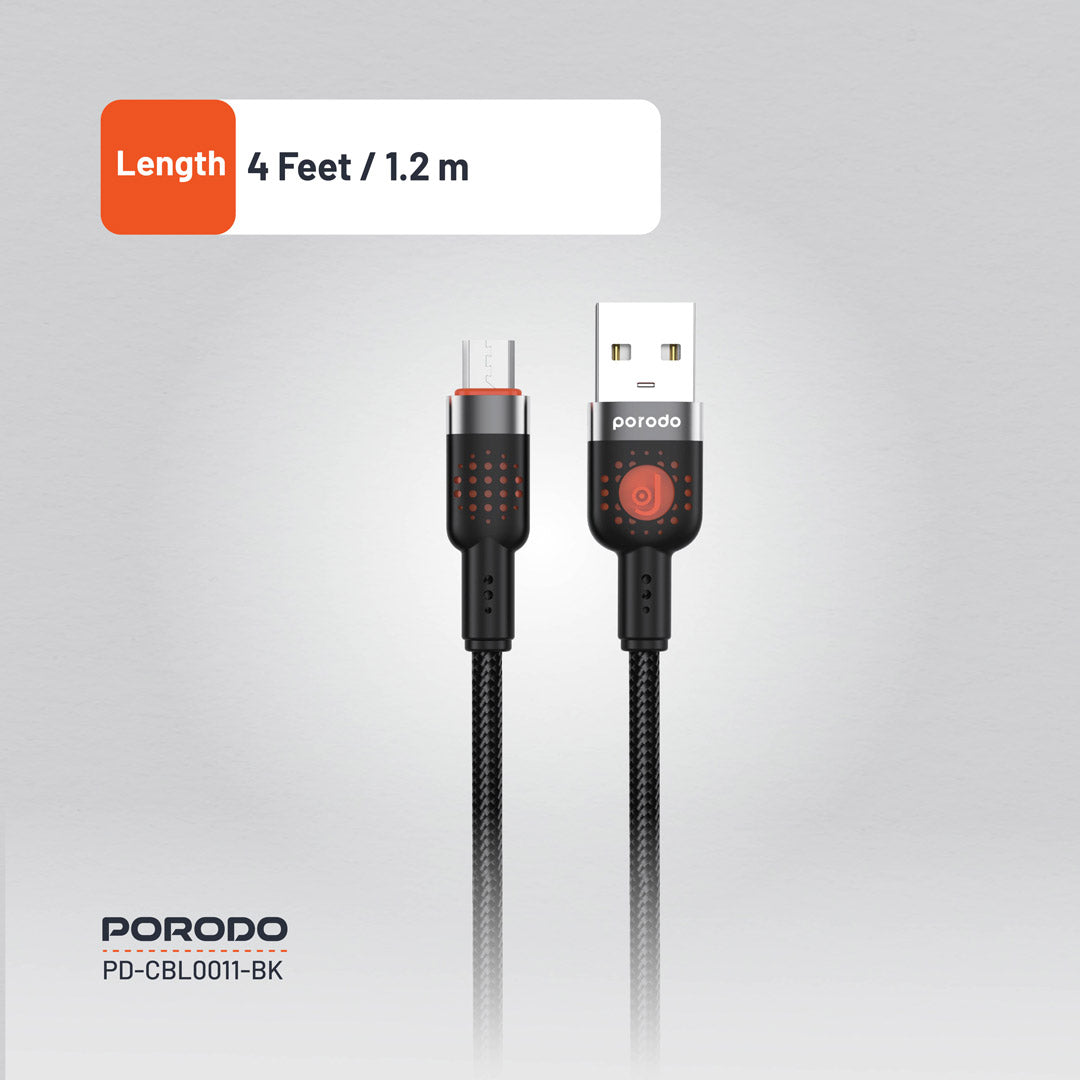 كيبل بورودو من يو اس بي اي الى مايكرو يو اس بي بطول 1.2 متر, يدعم شحن سريع | Porodo Aluminum Alloy Braided USB-A to Micro USB Cable 1.2M – Fast Charging & Data Sync