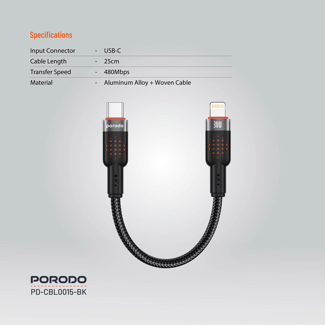 Kabloya USB-C bo Lightning ji Porodo Alum Alloy Braided, 25 cm, Şarjkirina Bilez 30W.