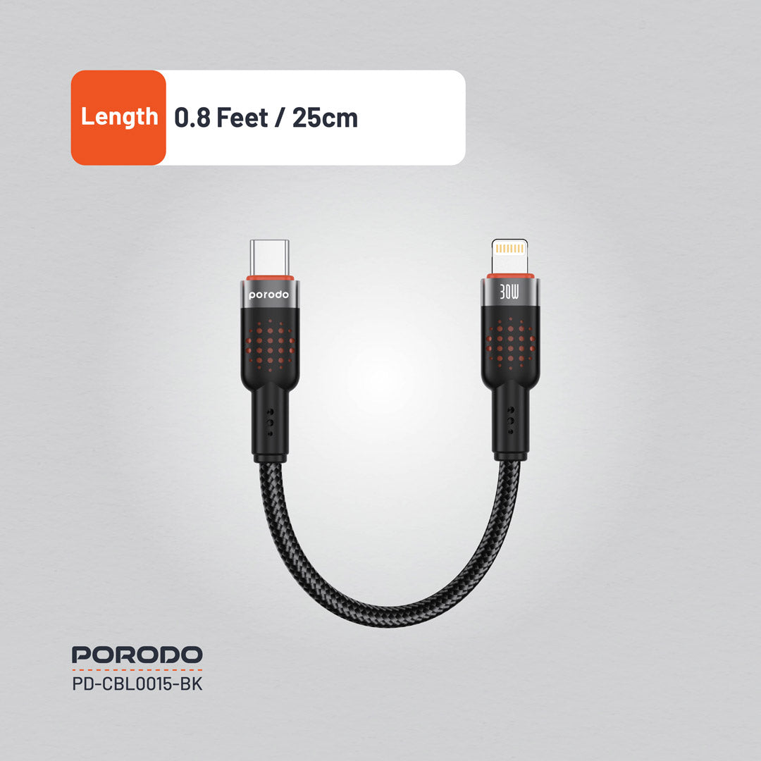 Kabloya USB-C bo Lightning ji Porodo Alum Alloy Braided, 25 cm, Şarjkirina Bilez 30W.