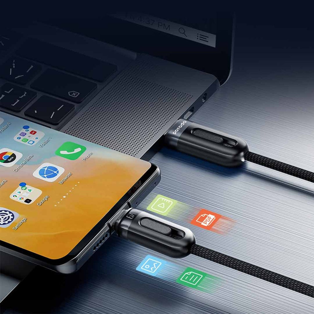 كيبل شحن سريع بورودو 3 في 1 مع شاشة رقمية بمنافذ مايكرو وتايب سي ولايتننغ بطول 1.2 متر - اسود | Porodo 3-IN-1 Digital-Display Fast Charging 1.2M Cable A to C+L+M – Black