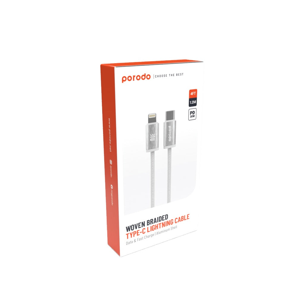 كيبل بورودو مضفر لايتننغ الى يو اس بي سي, شحن سريع بقدرة 30 واط وطول 1.2 متر | Porodo 30W Lightning to Type-C Braided Cable (1.2M).