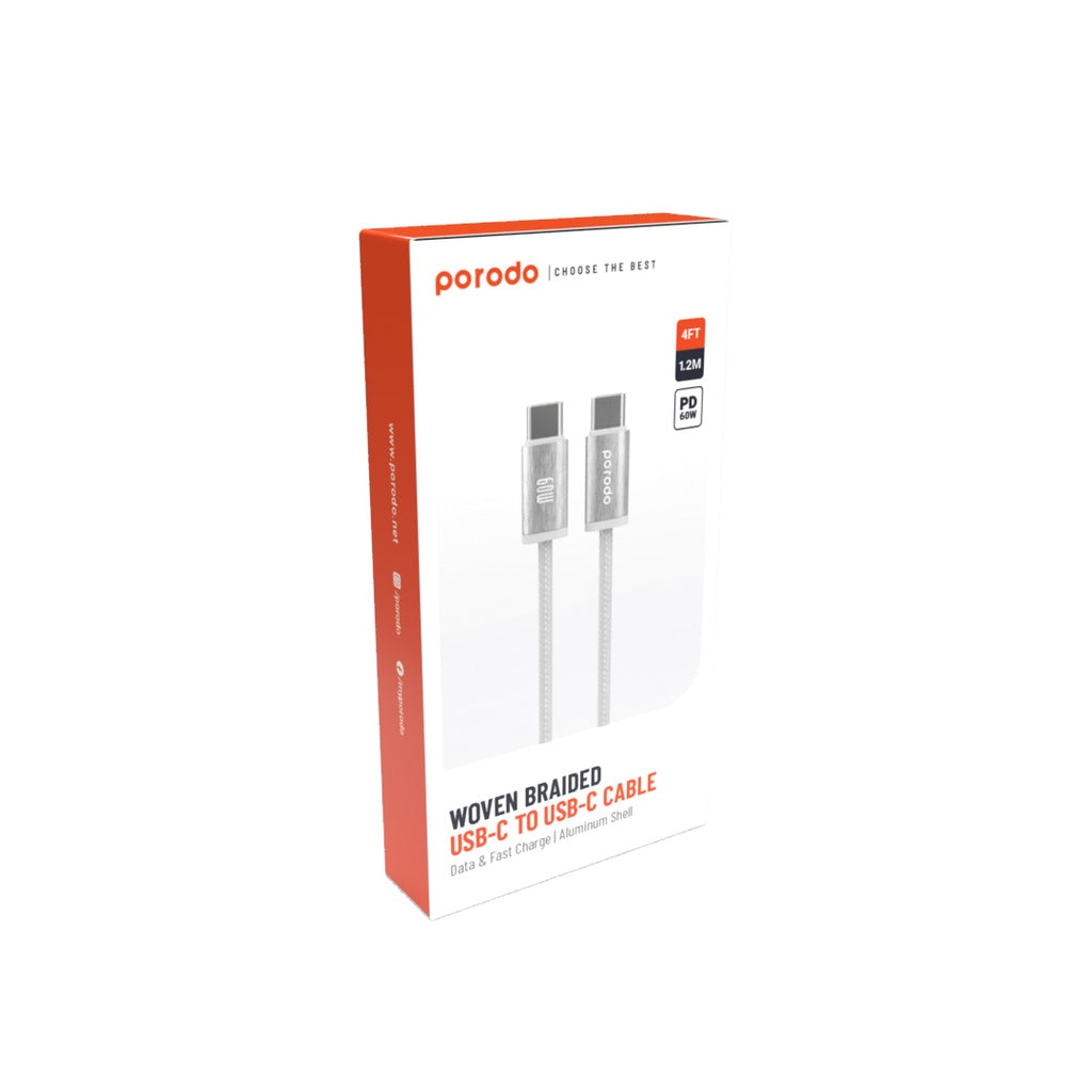 كيبل بورودو ووفن مضفر من يو اس بي سي الى يو اس بي سي بقدرة شحن 60 واط وطول 1.2 متر | Porodo Woven 60W Type-C to Type-C Cable 1.2M.