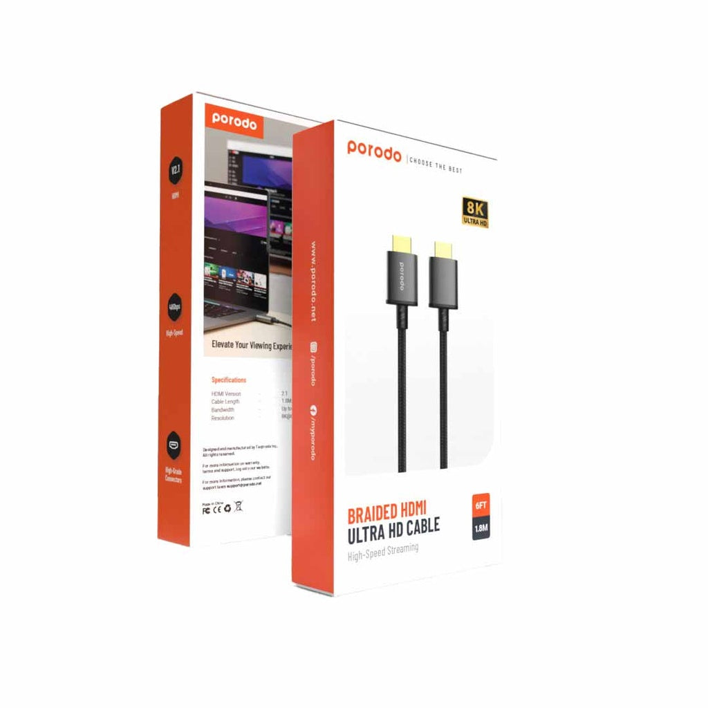 كيبل اج دي ام اي بورودو بدقة 8K وبطول 1.8 متر - اسود | Porodo 8K HDMI PVC Cable 1.8M – Black