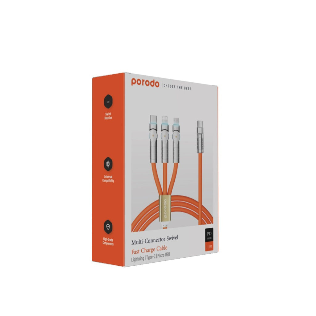 بورودو كيبل ثلاثي المنافذ بشحن سريع 100 واط مع دوران 180 درجة, بطول 1.2 متر - برتقالي | Porodo PD100W Three-in-one Cable 180 Degrees Rotation: 1.2M - Orange