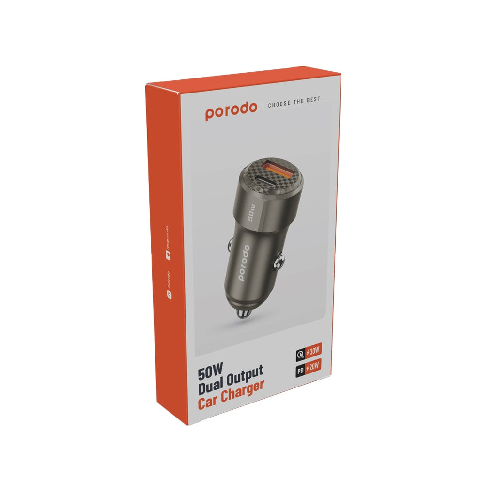 بورودو شاحن سيارة بمنفذي يو اس بي سي بقدرة 20 واط ويو اس بي اي بقدرة شحن 30 واط | Porodo 50W Dual Port Car Charger PD 20W QC 30W.