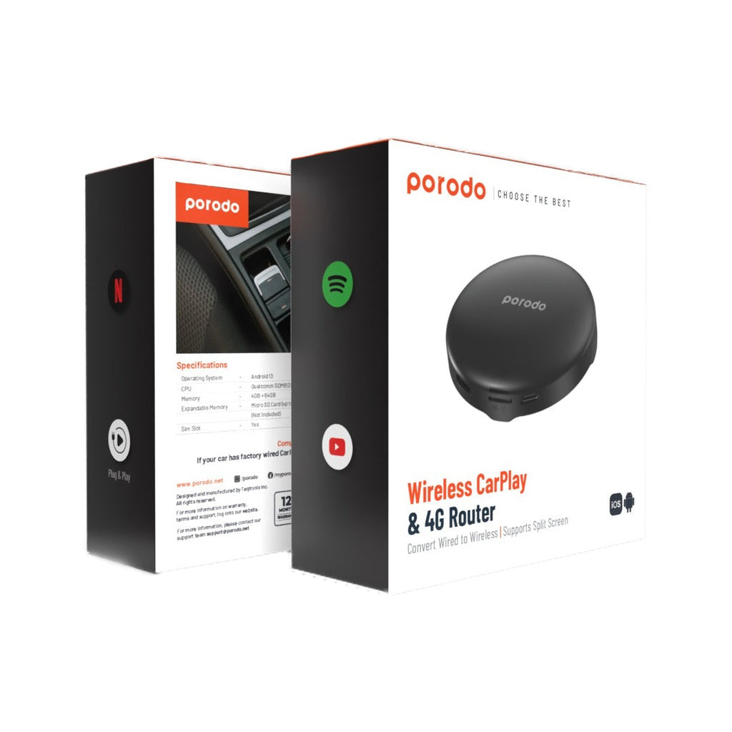 جهاز بورودو اندرويد 13 كار بلاي بوكس لاسلكي مع 4GB+64GB - اسود | Porodo Android 13 Wireless CarPlay Box 4GB+64GB – Black