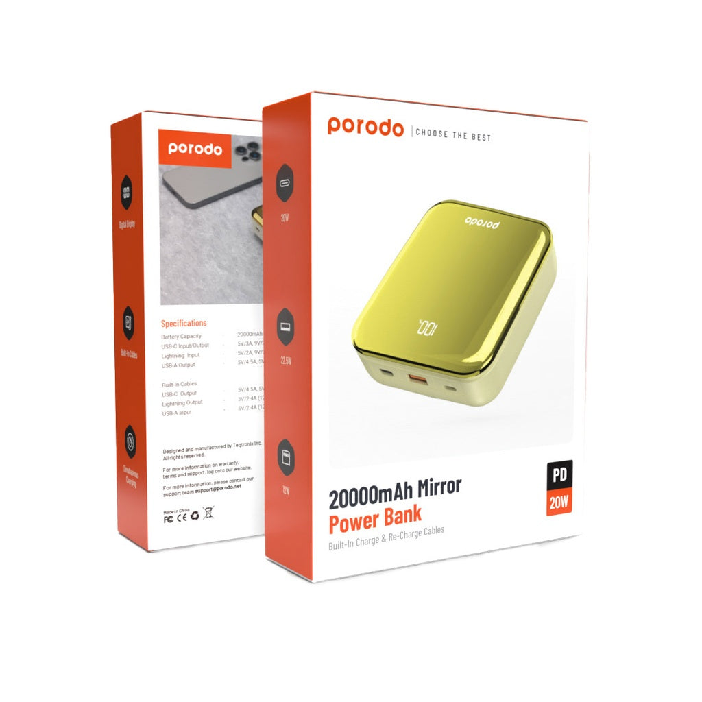 باور بانك بورودو بسعة 20000 مللي امبير مع 3 كيبلات مدمجة, تايب اي وتايب سي ولايتننغ | Porodo Compact Power Bank 20000mAh with Built-In Cable USB-A, Type-C and Lightning.