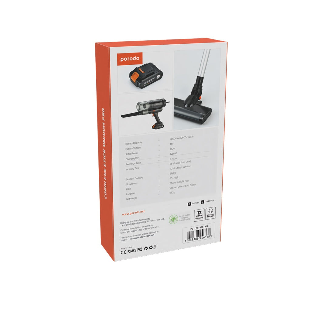 مكنسة بورودو لايف ستايل المحمولة اللاسلكية بقوة شفط 12000 باسكال وبطارية بسعة 2600 مللي امبير - اسود | Porodo Lifestyle Portable Vacuum Cleaner 11-12Kpa 2600mAh - Black.