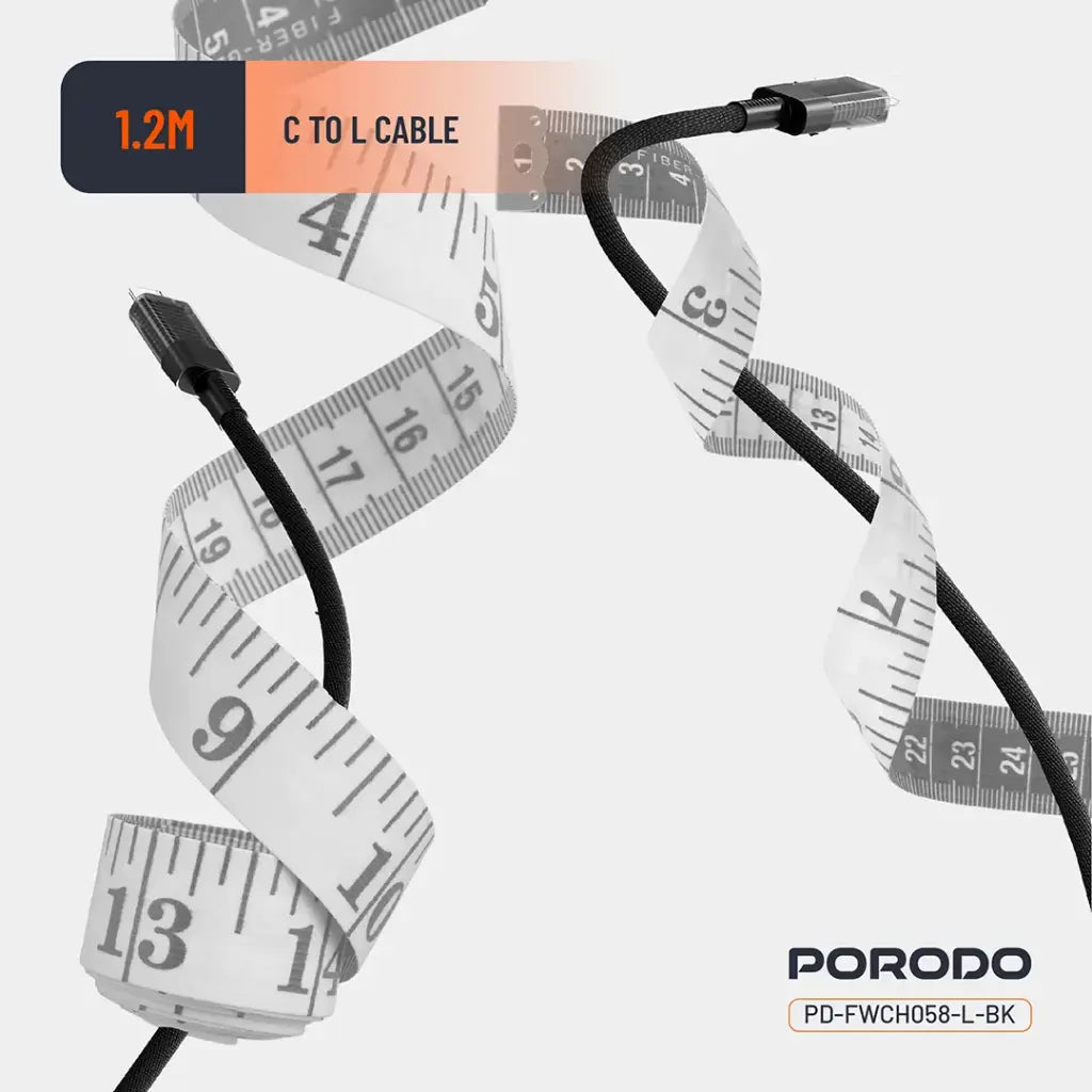 شاحن بورودو GaN بقدرة 35 واط مع شاشة عرض وكيبل لايتننغ بطول 1.2 متر - اسود | Porodo PD35W GaN Display Screen USB-C + USB-A Fast Charger UK Plug with Lightning Cable - Black