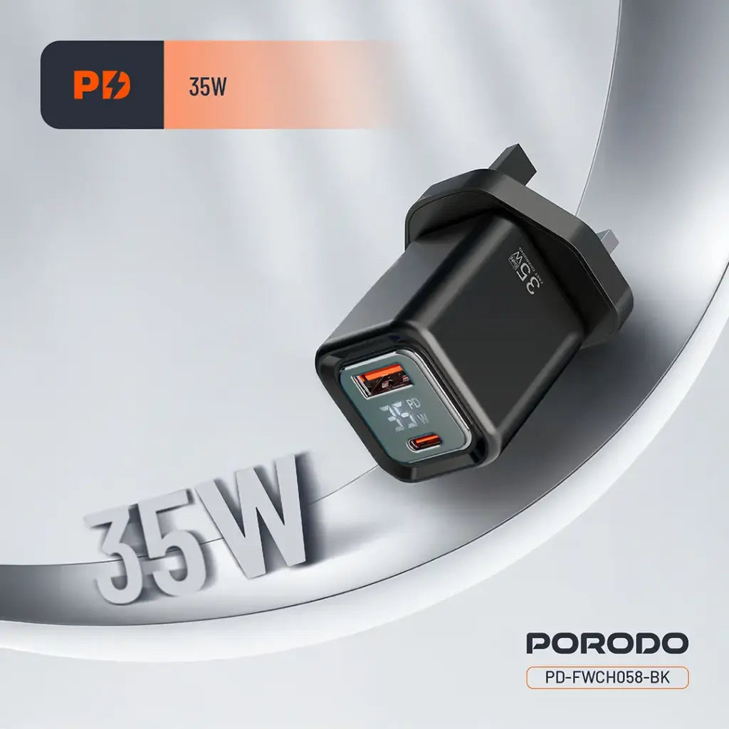 شاحن GaN بورودو شحن سريع 35 واط مع شاشة رقمية ومنفذين يو اس بي اي و يو اس بي سي - اسود | Porodo PD35W GaN Display Screen USB+C Fast Charger UK Plug - Black.