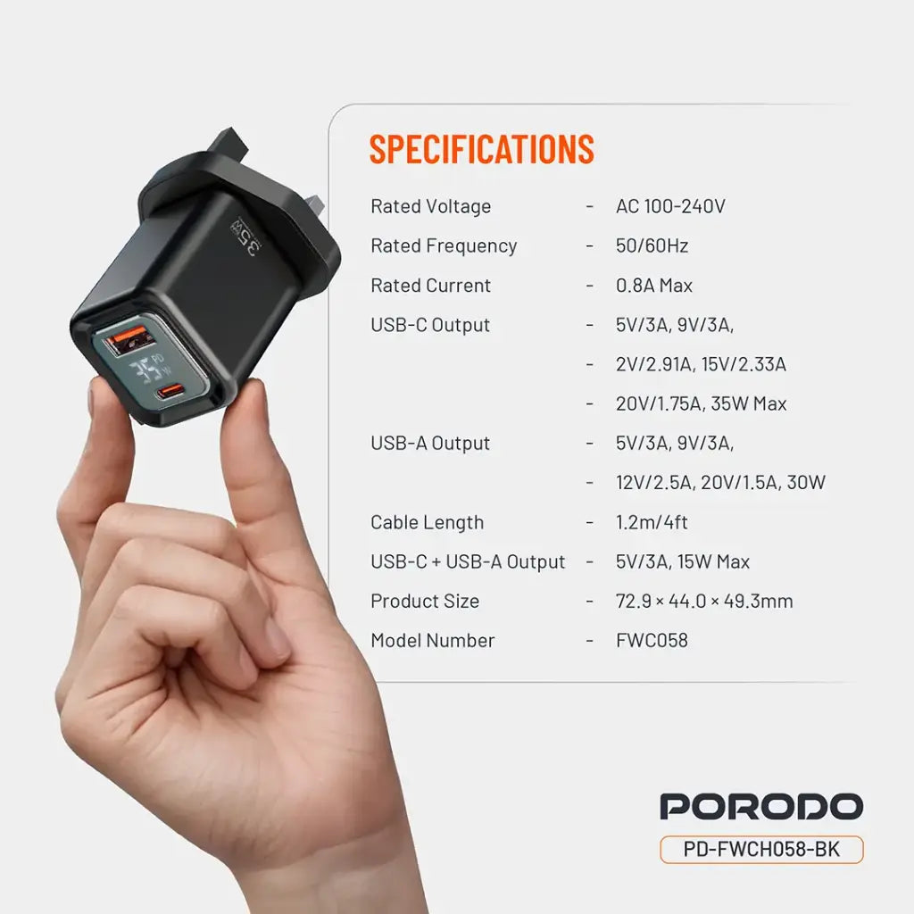 شاحن بورودو GaN بقدرة 35 واط مع شاشة عرض وكيبل لايتننغ بطول 1.2 متر - اسود | Porodo PD35W GaN Display Screen USB-C + USB-A Fast Charger UK Plug with Lightning Cable - Black