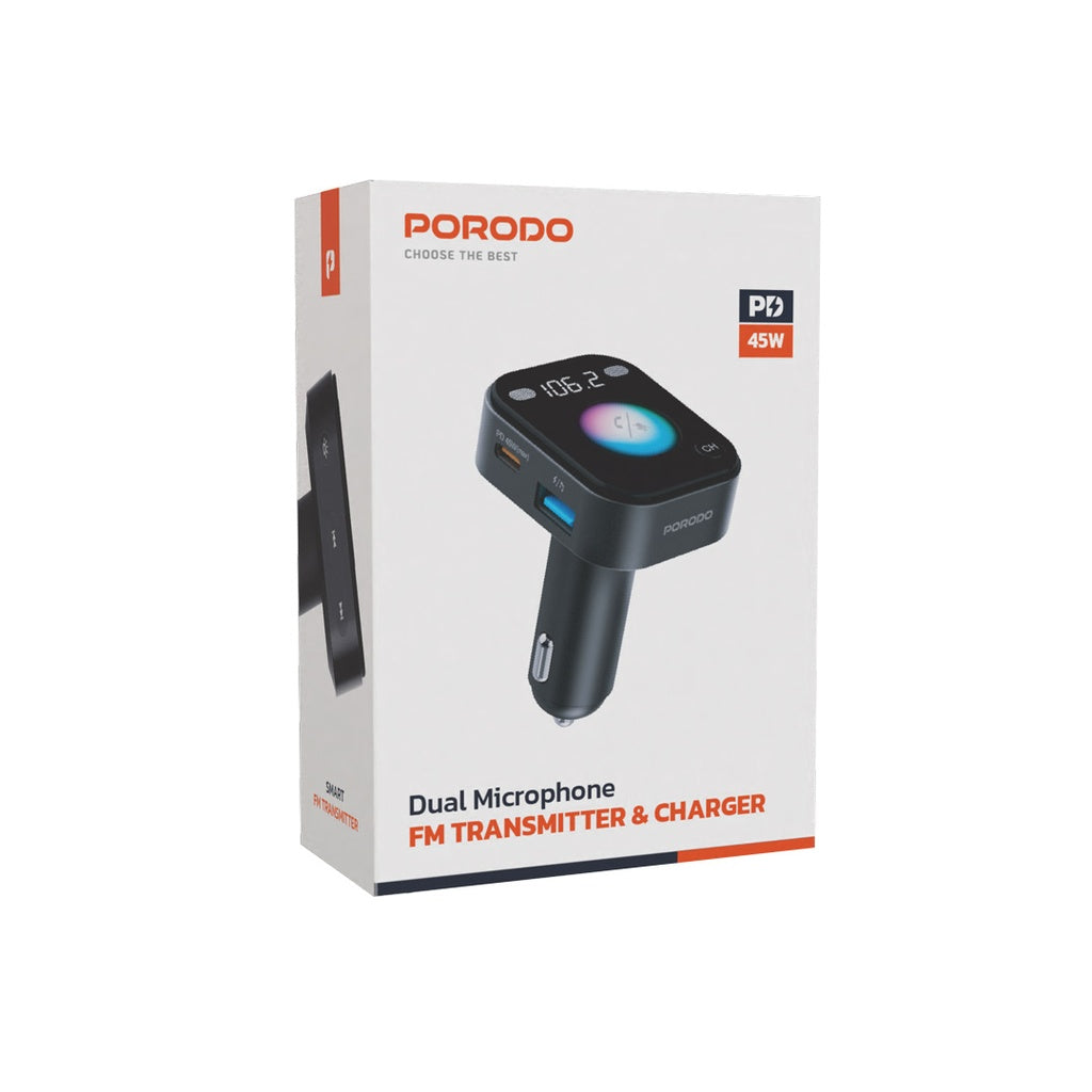 ناقل FM بلوتوث من بورودو مع اوامر صوتية - اسود | Porodo Bluetooth FM Transmitter with Voice Command – Black