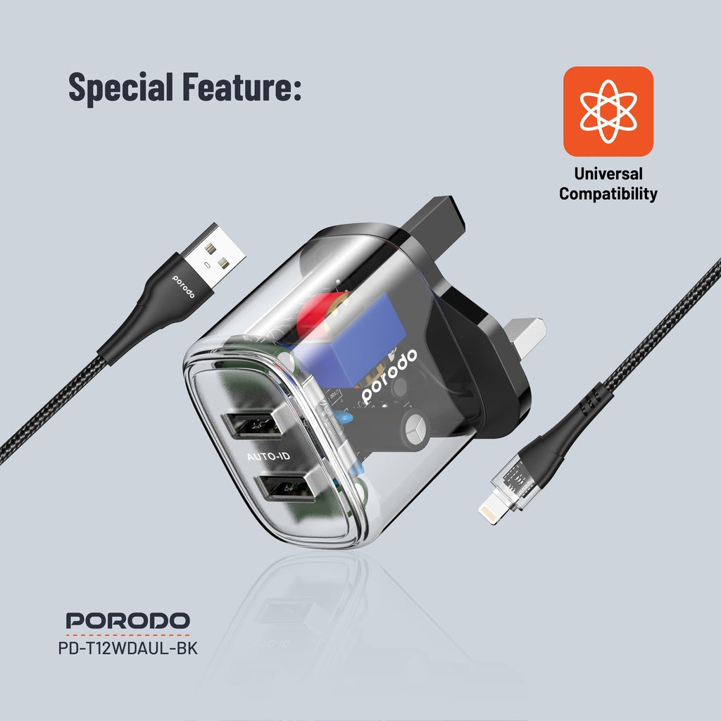 شاحن بورودو شفاف ثنائي المنافذ بقدرة 12 واط مع كيبل يو اس بي اي الى لايتننغ بطول 1.2 متر | Porodo Dual Output Transparent Charger 2.4A 12W with 1.2M USB-A to Lightning Cable