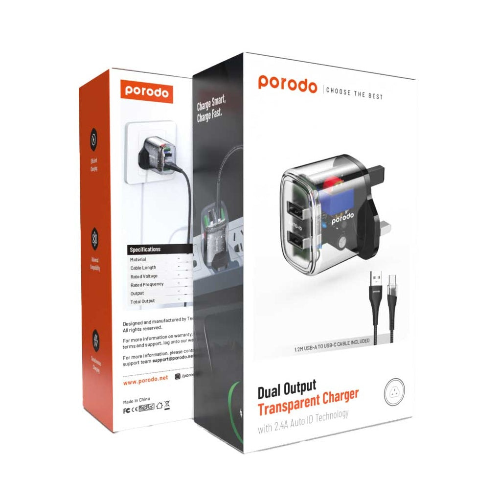 شاحن بورودو شفاف ثنائي المنفذ بقدرة 12 واط مع كيبل يو اس بي اي الى تايب سي بطول 1.2 متر | Porodo Dual Output Transparent Charger 2.4A 12W with 1.2M USB-A to Type-C Cable