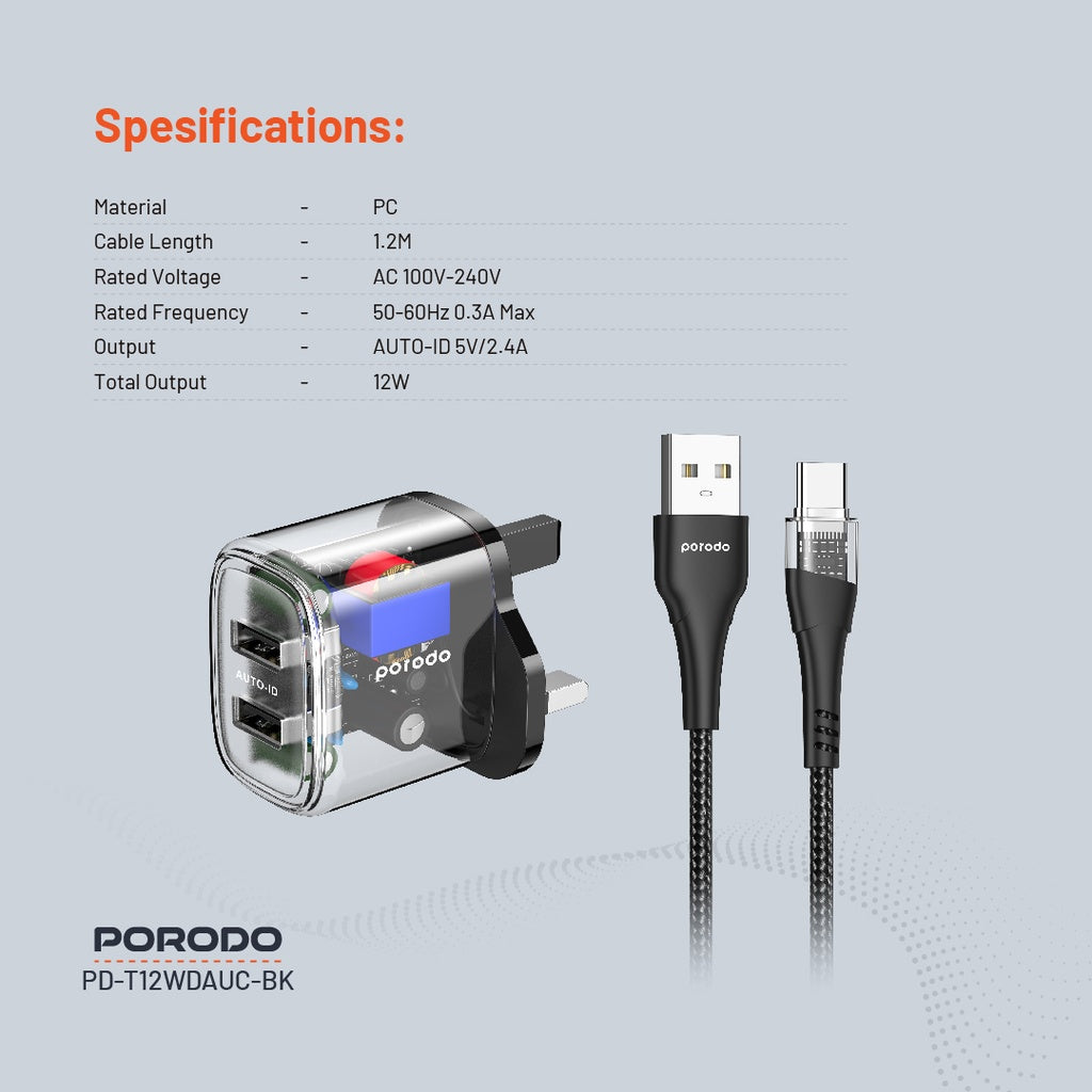 شاحن بورودو شفاف ثنائي المنفذ بقدرة 12 واط مع كيبل يو اس بي اي الى تايب سي بطول 1.2 متر | Porodo Dual Output Transparent Charger 2.4A 12W with 1.2M USB-A to Type-C Cable