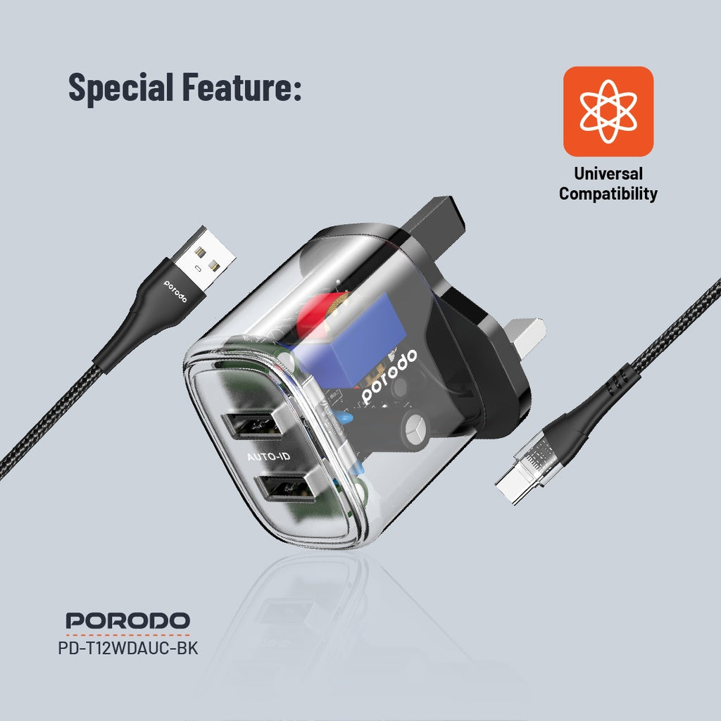 شاحن بورودو شفاف ثنائي المنفذ بقدرة 12 واط مع كيبل يو اس بي اي الى تايب سي بطول 1.2 متر | Porodo Dual Output Transparent Charger 2.4A 12W with 1.2M USB-A to Type-C Cable