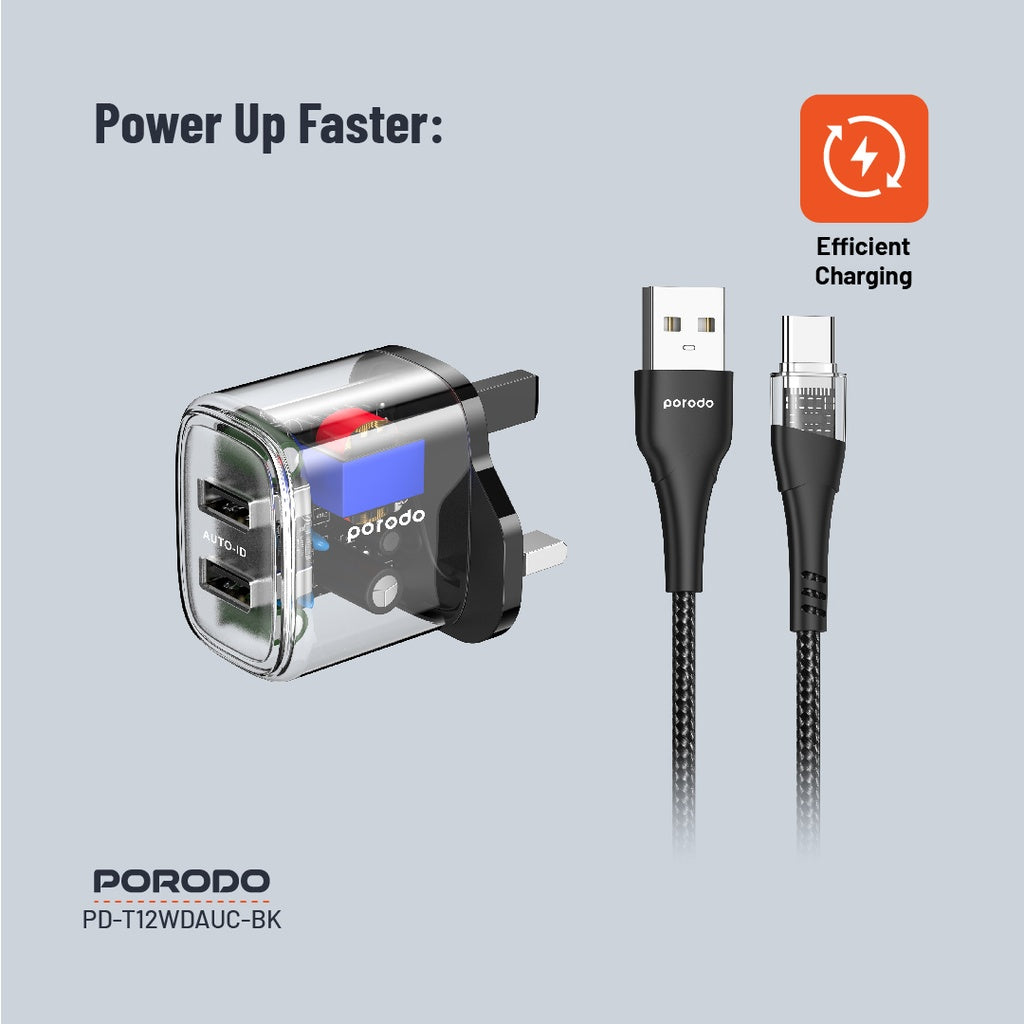 شاحن بورودو شفاف ثنائي المنفذ بقدرة 12 واط مع كيبل يو اس بي اي الى تايب سي بطول 1.2 متر | Porodo Dual Output Transparent Charger 2.4A 12W with 1.2M USB-A to Type-C Cable