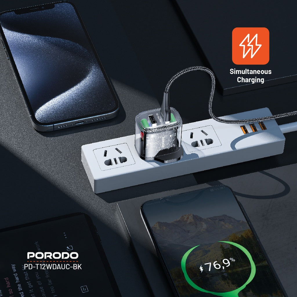 شاحن بورودو شفاف ثنائي المنفذ بقدرة 12 واط مع كيبل يو اس بي اي الى تايب سي بطول 1.2 متر | Porodo Dual Output Transparent Charger 2.4A 12W with 1.2M USB-A to Type-C Cable