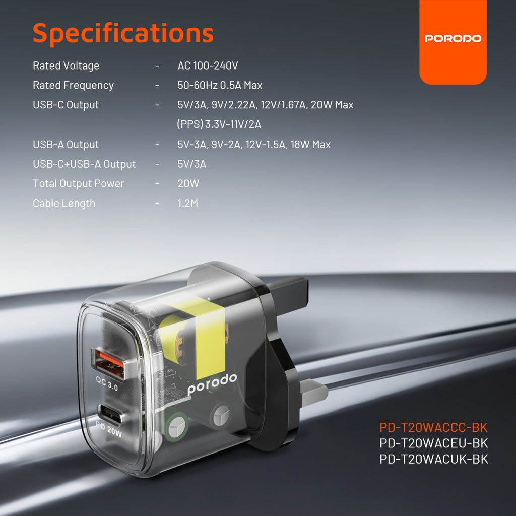 شاحن بورودو ثنائي المنفذ شفاف بقدرة شحن سريع 20 واط مع كيبل يو اس بي سي الى يو اس بي سي - اسود | Porodo Dual Output Transparent Quick Charger PD 20W + QC 18W UK with USB-C to USB-C – Black