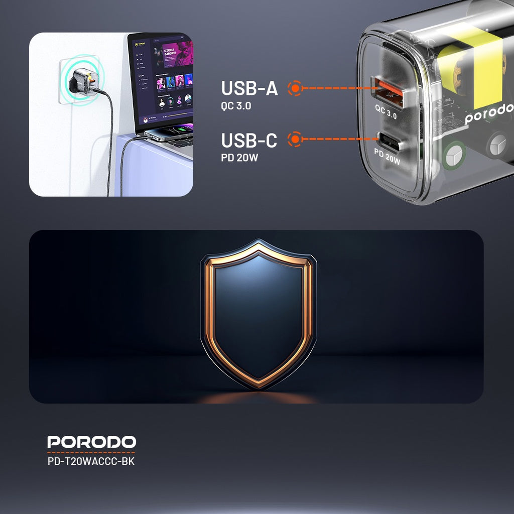 شاحن بورودو ثنائي المنفذ شفاف بقدرة شحن سريع 20 واط مع كيبل يو اس بي سي الى يو اس بي سي - اسود | Porodo Dual Output Transparent Quick Charger PD 20W + QC 18W UK with USB-C to USB-C – Black