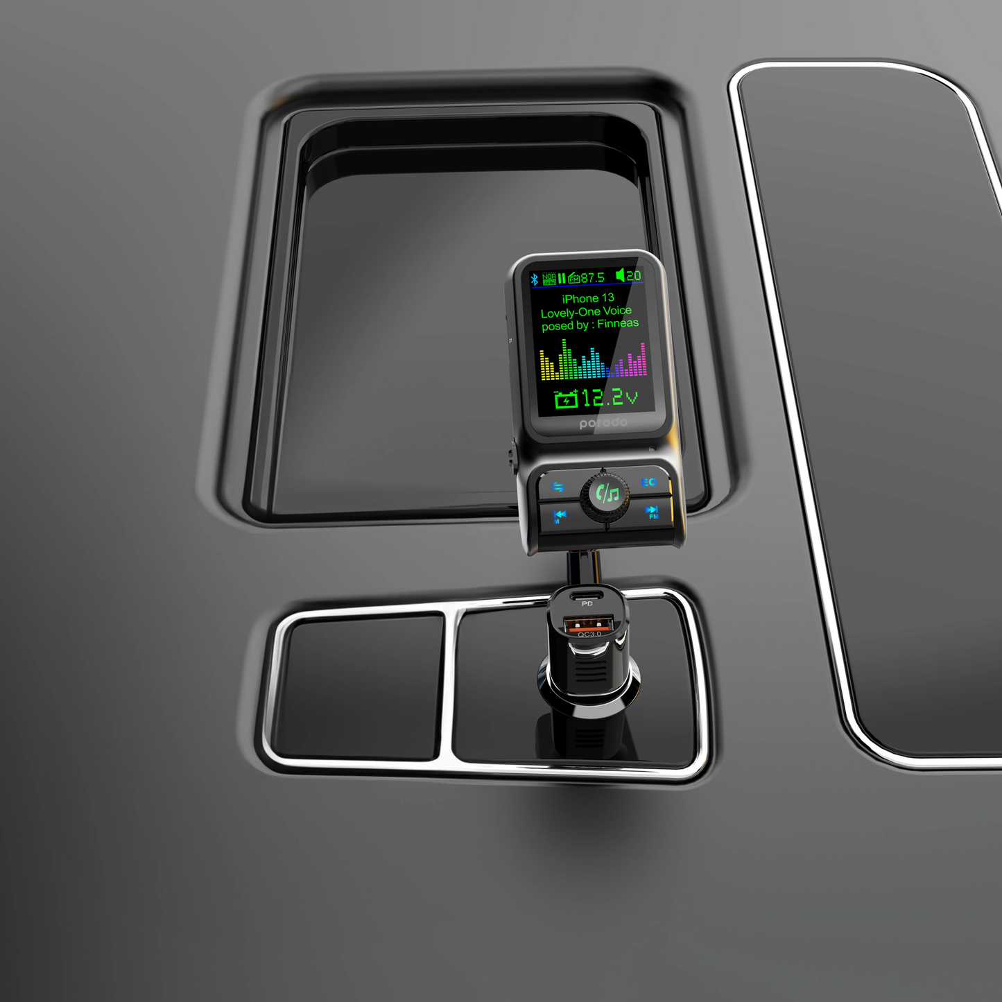 شاحن سيارة ثنائي المنافذ مع مرسل FM وشحن سريع بقدرة 36 واط - اسود | Porodo Dual Port Car Charger FM Transmitter PD 36W QC 18W - Black