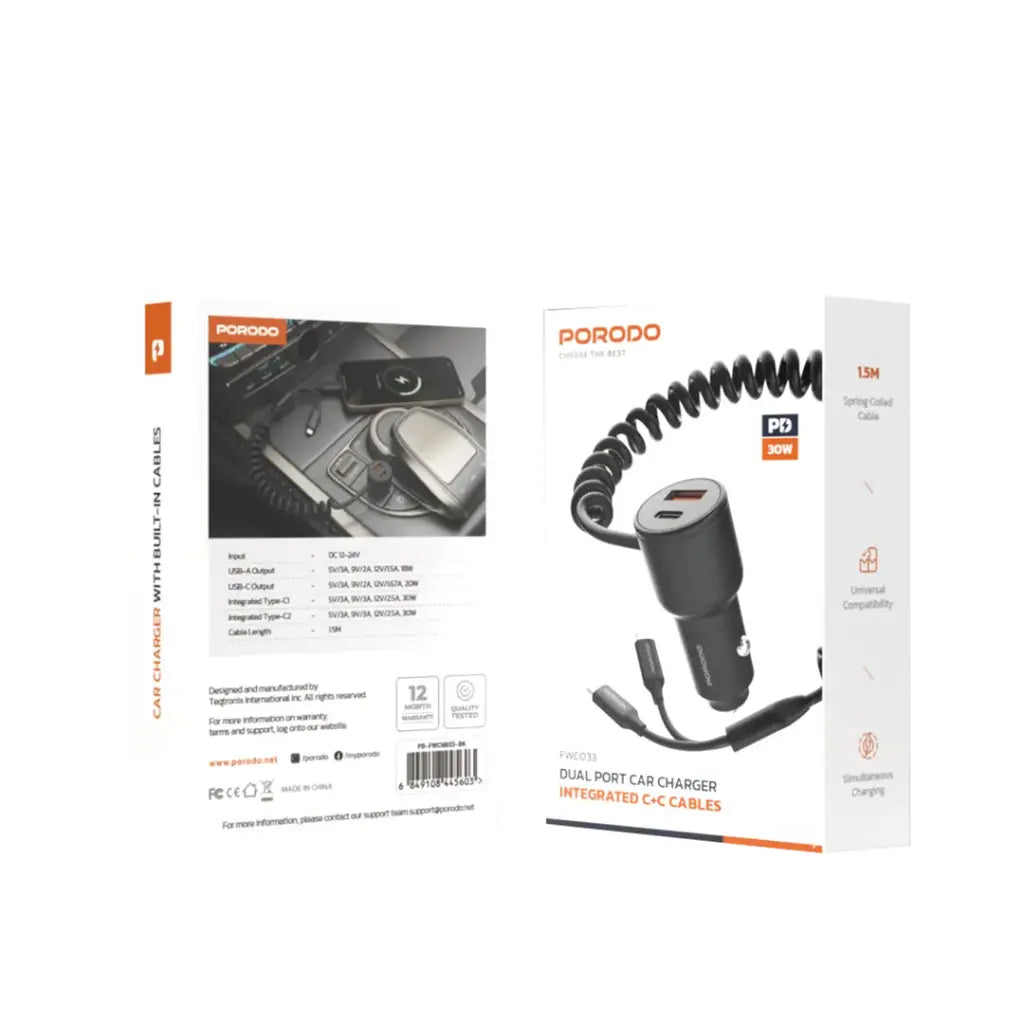 شاحن سيارة بورودو بمنفذين تايب سي و يو اس بي اي مع كيبل بمنفذين تايب سي بقدرة 30 وط - اسود | Porodo Type-C+A Car Charger with C+C Cable 30W – Black