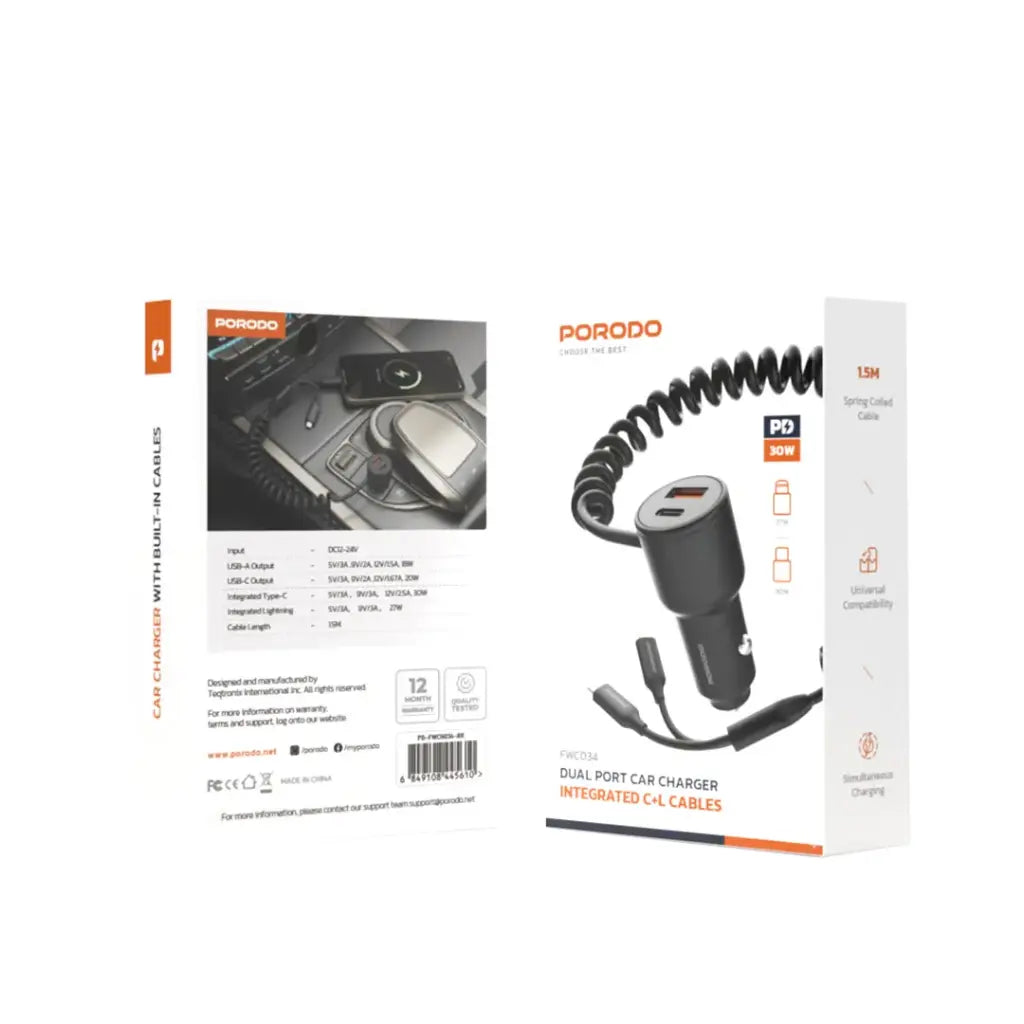 شاحن سيارة سريع بقدرة 30 واط من بورودو بمنفذي يو اس بي سي ويو اس بي اي مع كيبل بمنفذي تايب سي ولايتننغ - اسود | Porodo USB A+C Car Charger with C+Lightning Cable 30W – Black