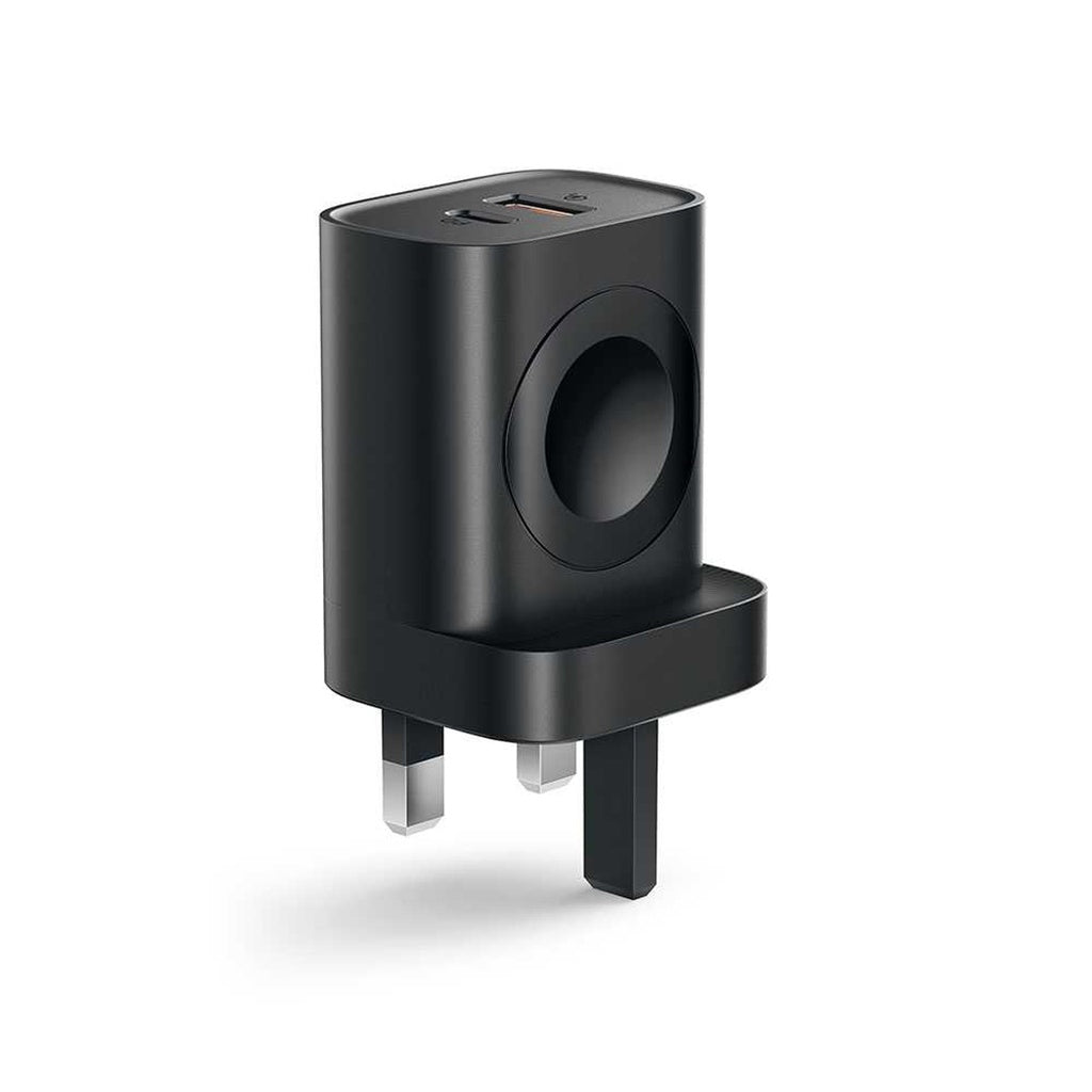 شاحن حائط سريع بقدرة 20 واط وبمنفذي يو اس بي اي و يو اس بي سي من بورودو, مع شحن ساعة ابل - اسود | Porodo Wall Charger USB-A and USB-C Dual Port with Apple Watch Charger PD 20W – Black