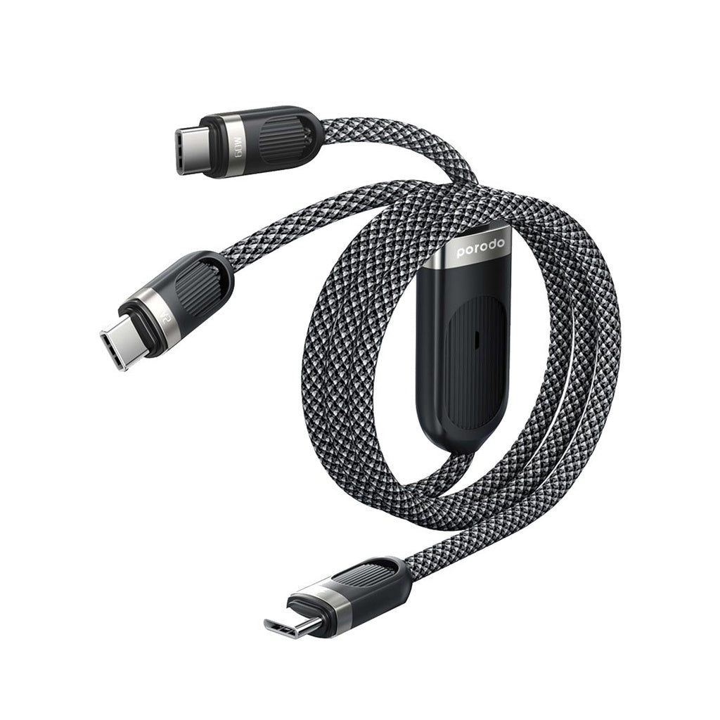 كيبل بورودو 2 في 1 تايب سي الى عدد 2 تايب سي للشحن السريع 10 واط + 60 واط بطول 1.2 متر - اسود | Porodo 2in1 Type-C to Dual Type-C Fast Charging Cable 1.2M 60W+10W – Black