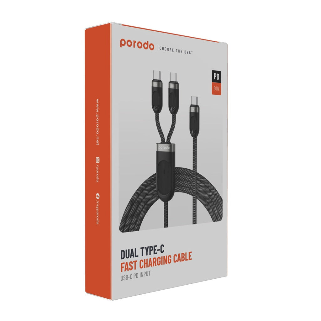 كيبل بورودو 2 في 1 تايب سي الى عدد 2 تايب سي للشحن السريع 10 واط + 60 واط بطول 1.2 متر - اسود | Porodo 2in1 Type-C to Dual Type-C Fast Charging Cable 1.2M 60W+10W – Black