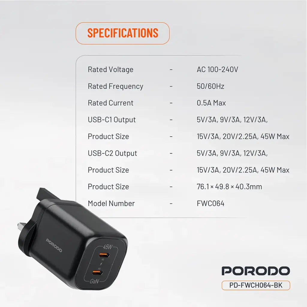 بورودو شاحن جداري بمنفذين يو اس بي سي بتقنية GaN وشحن سريع بقدرة 45 واط - اسود | Porodo PD45W GaN Dual USB-C Fast Charger - Black