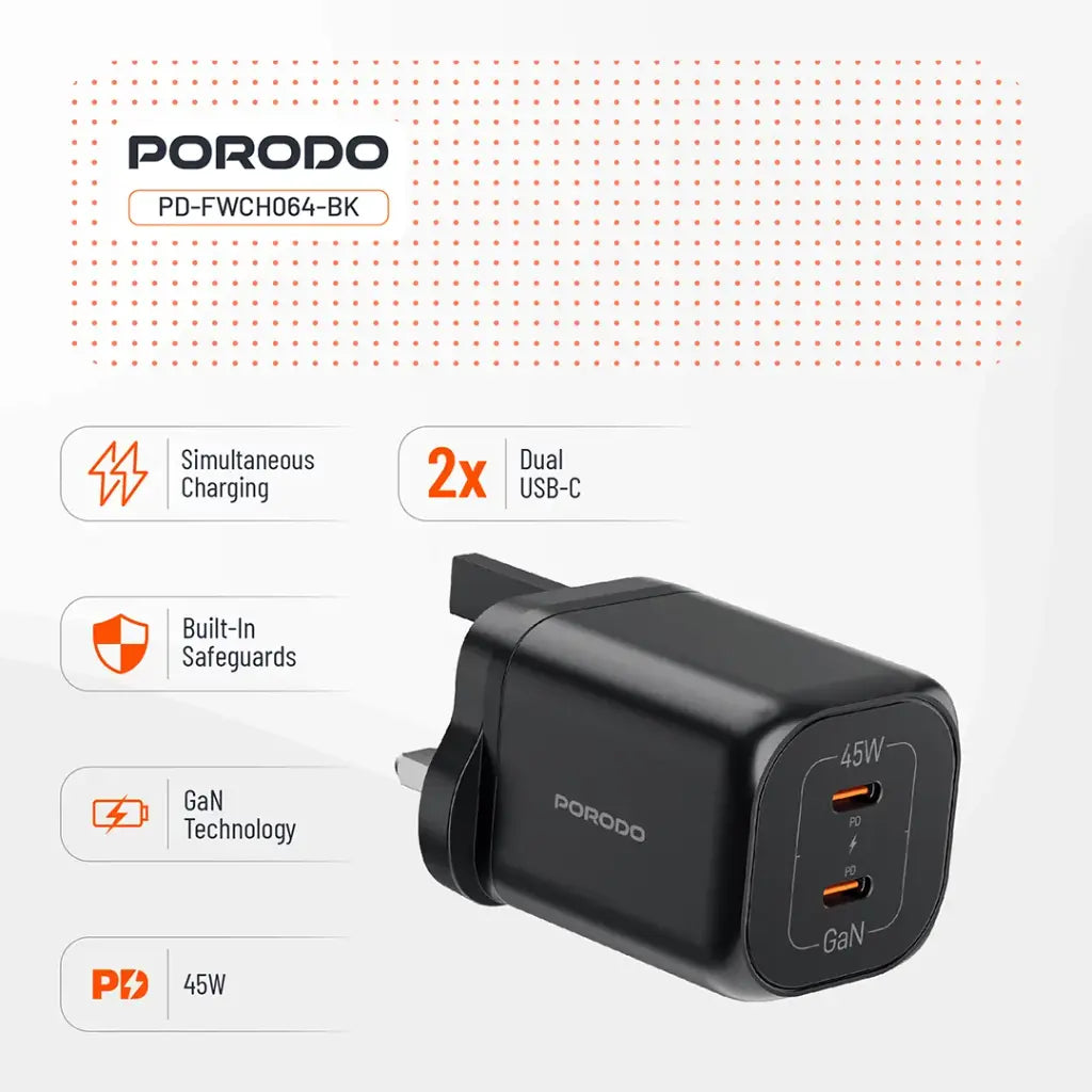 بورودو شاحن جداري بمنفذين يو اس بي سي بتقنية GaN وشحن سريع بقدرة 45 واط - اسود | Porodo PD45W GaN Dual USB-C Fast Charger - Black