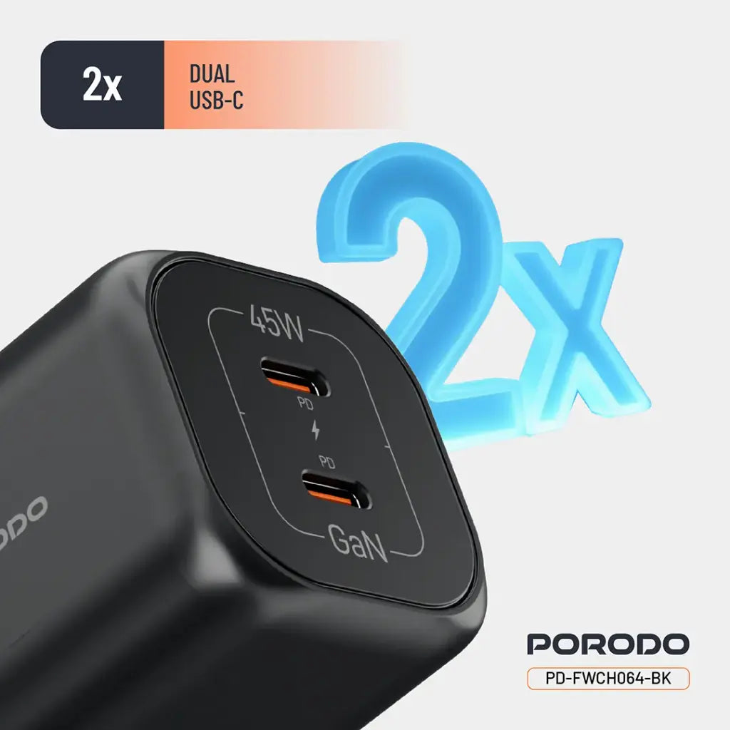 بورودو شاحن جداري بمنفذين يو اس بي سي بتقنية GaN وشحن سريع بقدرة 45 واط - اسود | Porodo PD45W GaN Dual USB-C Fast Charger - Black