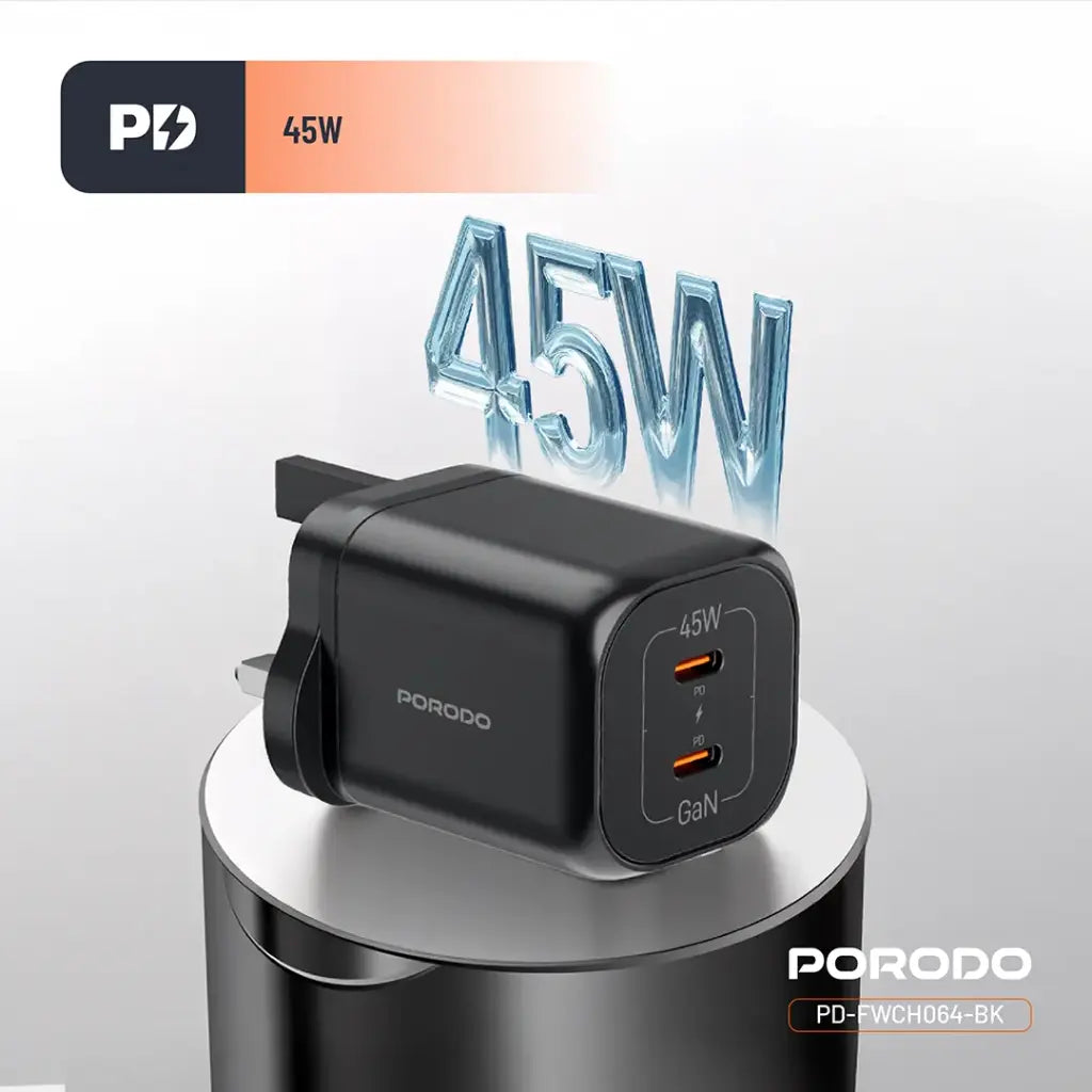 بورودو شاحن جداري بمنفذين يو اس بي سي بتقنية GaN وشحن سريع بقدرة 45 واط - اسود | Porodo PD45W GaN Dual USB-C Fast Charger - Black