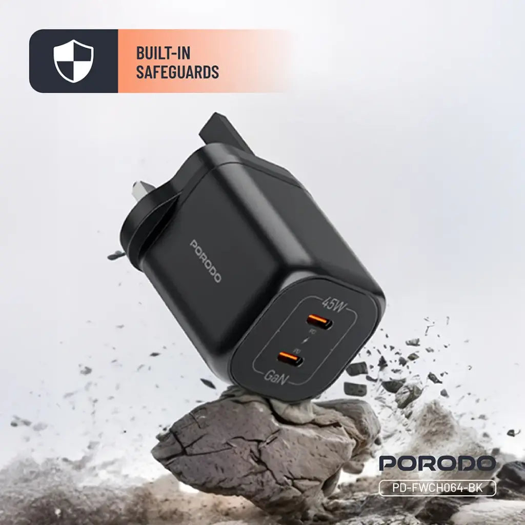 بورودو شاحن جداري بمنفذين يو اس بي سي بتقنية GaN وشحن سريع بقدرة 45 واط - اسود | Porodo PD45W GaN Dual USB-C Fast Charger - Black