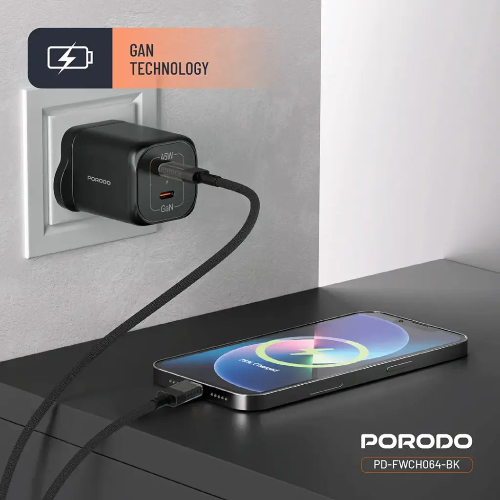 بورودو شاحن جداري بمنفذين يو اس بي سي بتقنية GaN وشحن سريع بقدرة 45 واط - اسود | Porodo PD45W GaN Dual USB-C Fast Charger - Black