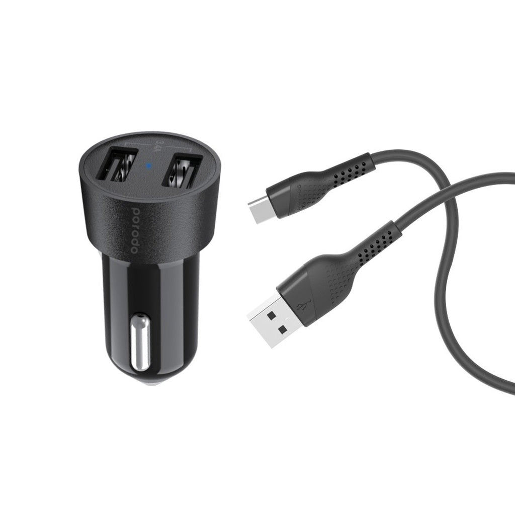 شاحن سيارة بورودو ثنائي المنفذ بقدرة 3.4A مع كيبل تايب سي بطول 1.2 متر - اسود | Porodo Dual USB Car Charger 3.4A with Type-C Cable 1.2M – Black