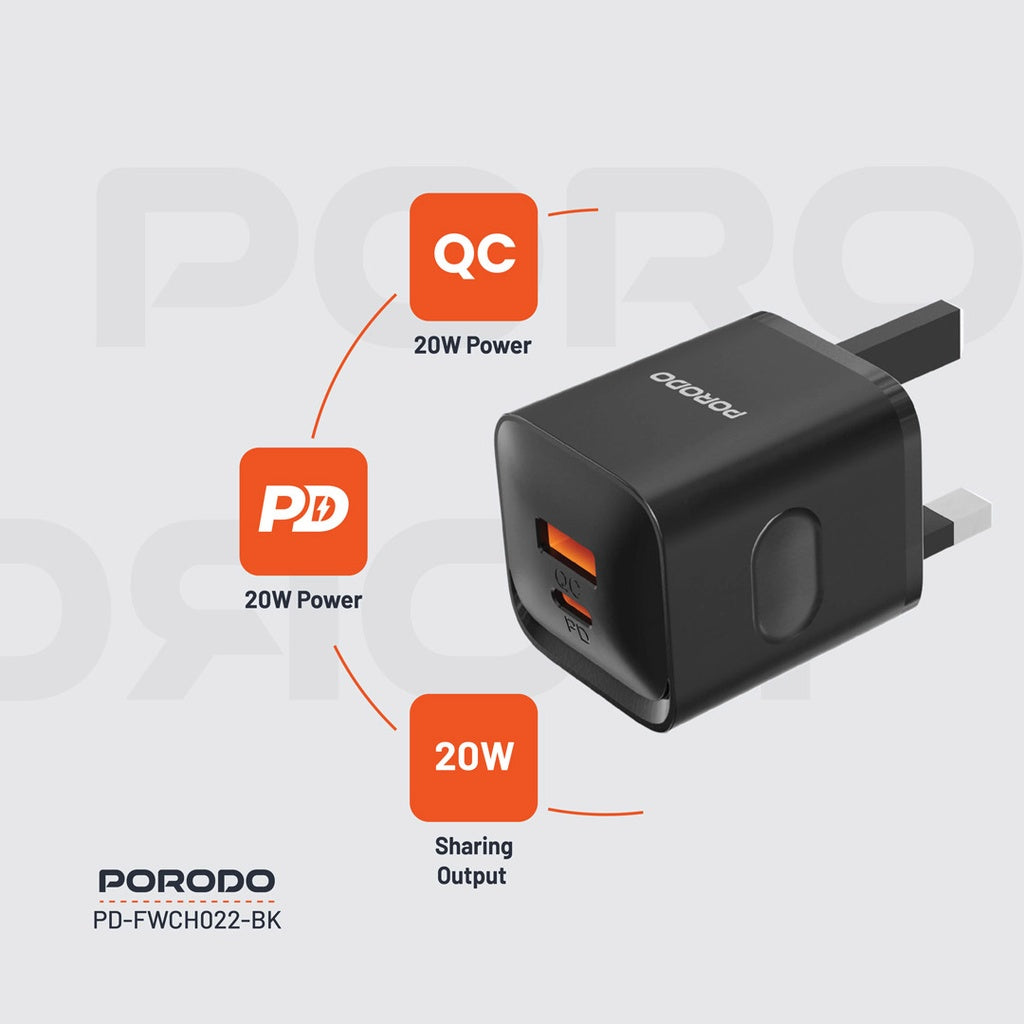 بورودو شاحن جداري بمنفذي يو اس بي سي ويو اس بي اي, بقدرة شحن سريع 20 واط - اسود | Porodo Dual Port Wall Charger with 20W Fast Charging - Black