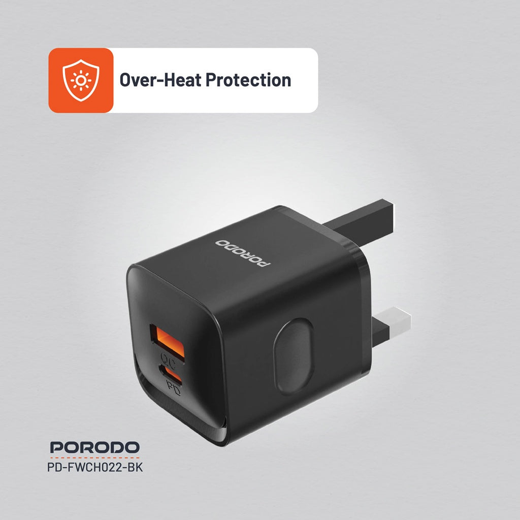 بورودو شاحن جداري بمنفذي يو اس بي سي ويو اس بي اي, بقدرة شحن سريع 20 واط - اسود | Porodo Dual Port Wall Charger with 20W Fast Charging - Black